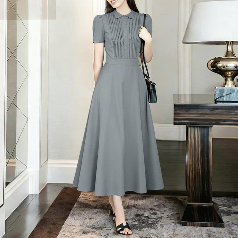 

ZANZEA Women Summer Turn Down Collar Short Sleeve Elegant Casual Dress S серый