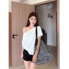 Chic One-Shoulder Diagonal Two-Way Black Top: Loose-Fit, Short-Sleeve, Premium Feel for Women