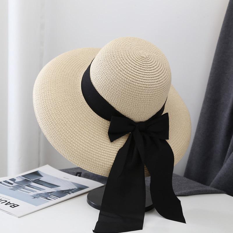 Hepburn Hat Female Black Straw Hat Sunscreen Vacation Seaside Beach Sun Hat Summer Big Brim Sun Hat Big Brim
