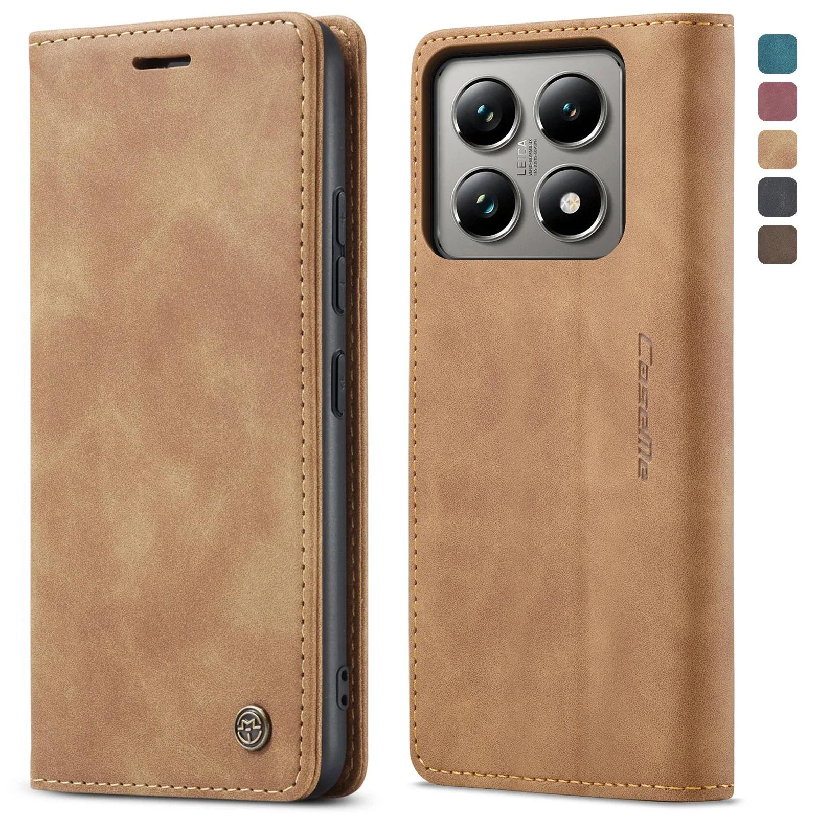 Чехол для Xiaomi 13 14T Pro POCO X6 Redmi Note 13 K40 4G 5G кожаный держатель для карт с подставкой карманный держатель откидная магнитная подставка откидная полная крышка телефона Xiaomi 14T Pro коричневый