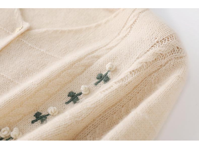 Korean Style High-Design Embroidered Wool Cardigan, Crew Neck, Long Sleeve Knitwear for Spring & Autumn