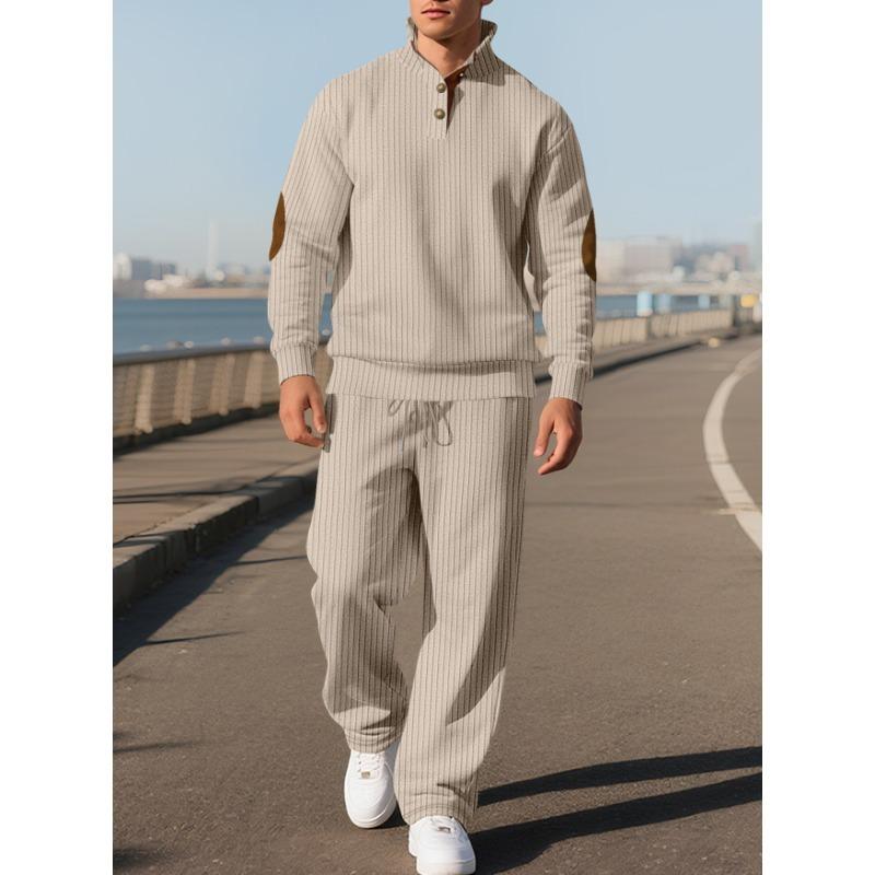 Men's Casual Long Pants with Stand Collar, Versatile Jacquard Stripe Knitwear Autumn Set