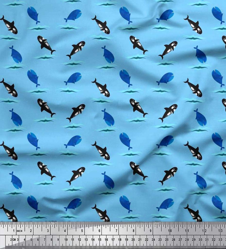 Soimoi Japan Crepe Satin Fabric Waves,Whale & Dolphin Ocean Decor Fabric Printed metre 42 Inch