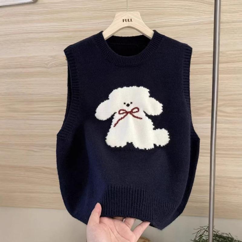Autumn and Winter New Style Korean Cute Puppy Fashion Jacquard Women's Knitted Round Neck Pullover Vest Sleeveless Sweater