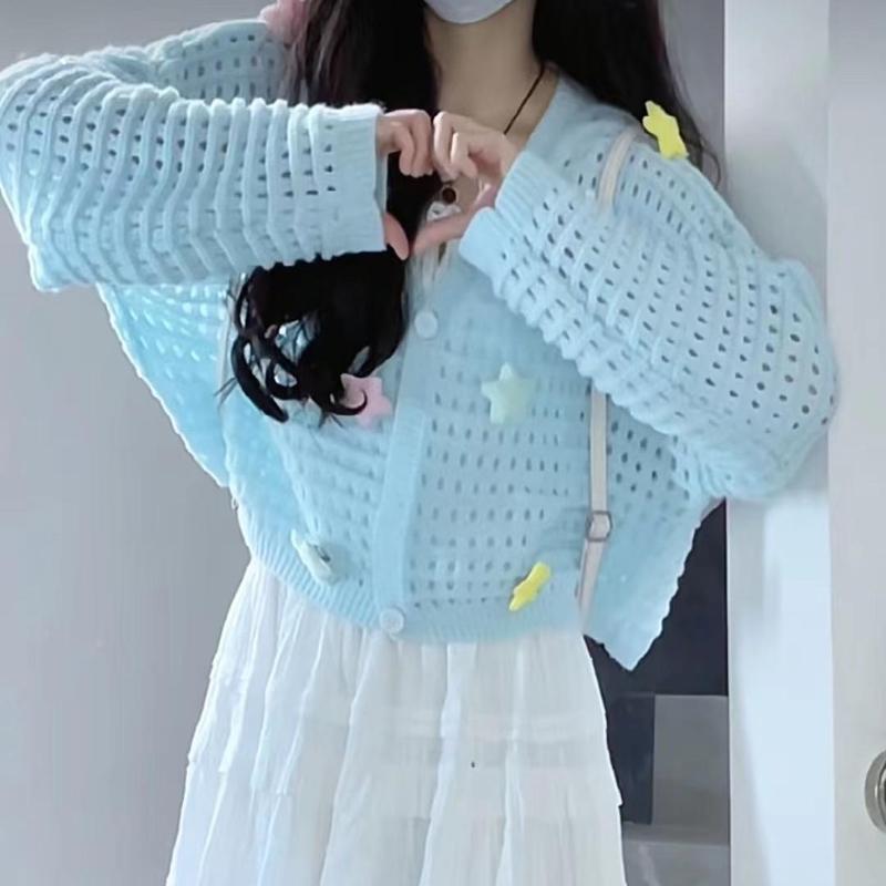 

Gentle Dopamine Hollowed Out Sweater Jacket for Women In Autumn Short Knit Shawl Cute and Stylish Outfit Top with Camisole S синий
