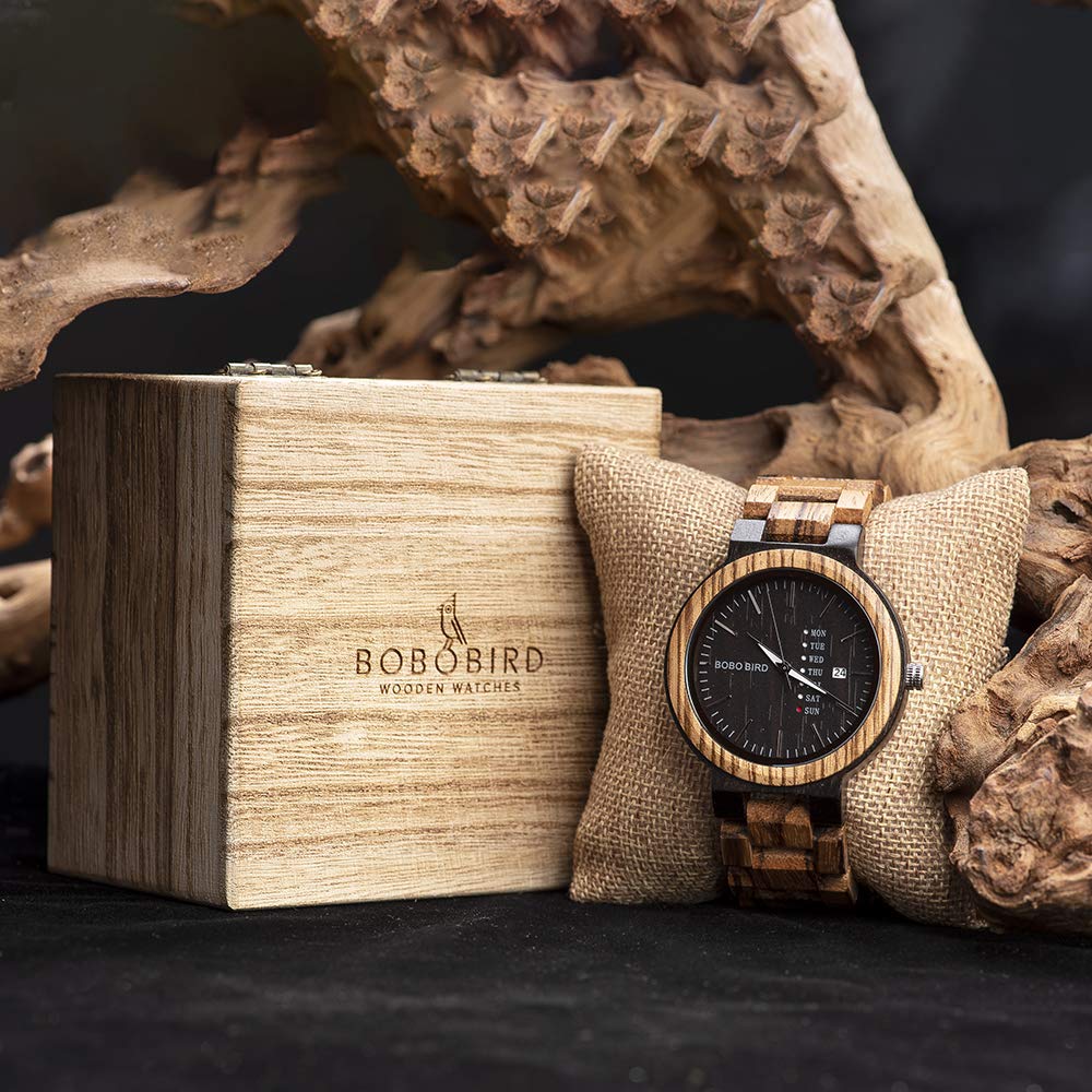 BOBO BIRD Men's Wood Watch, Analog Quartz Movement, Week Display, Lightweight, Handmade Wooden Watch for Men