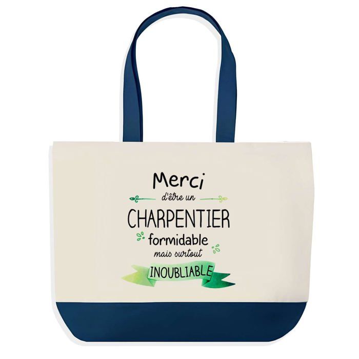 Sac shopping - PLANETEE - Sac shopping fond bleu Merci Charpentier - Coton 40x45 cm - Grand format - Impression HD
