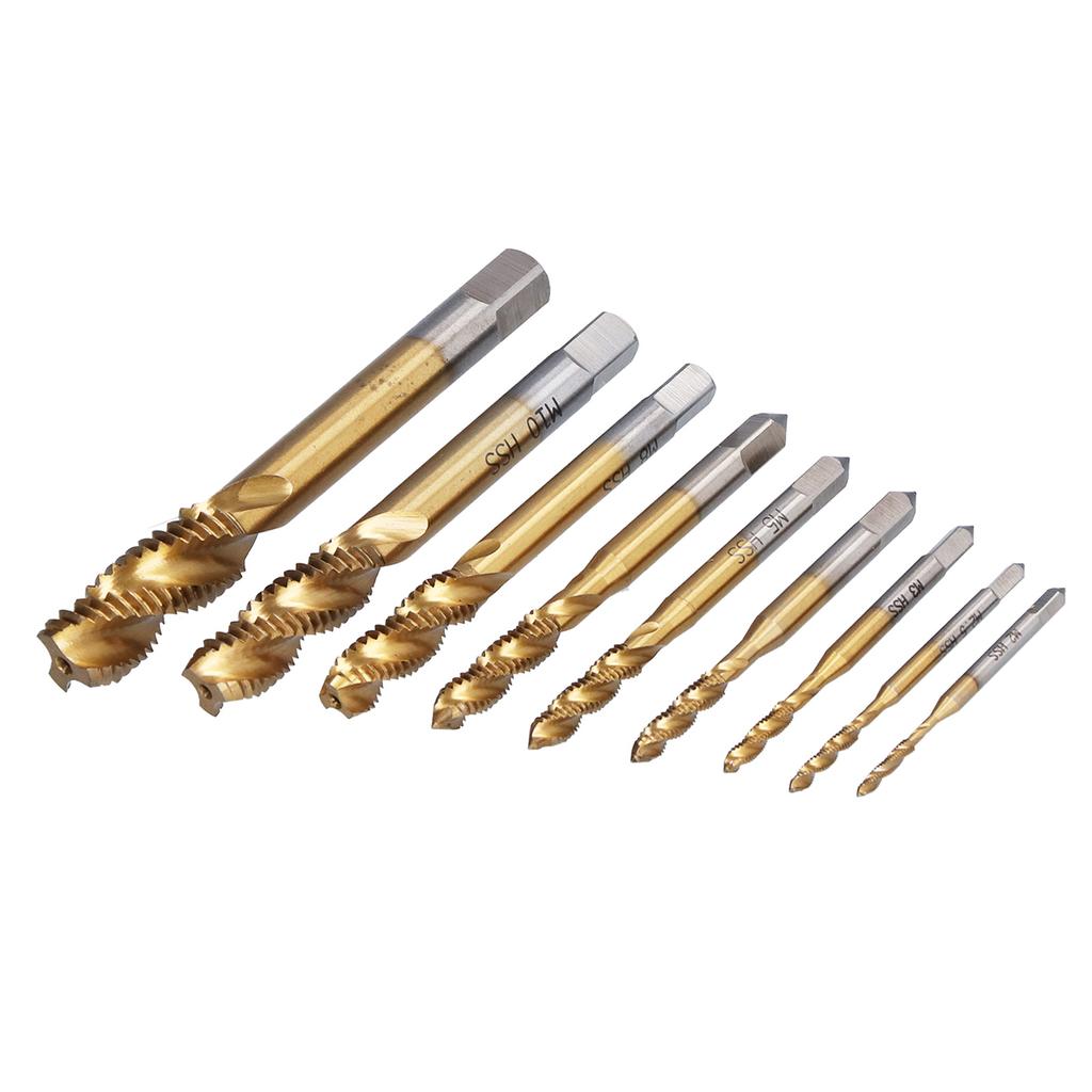 Spiral Flute Tap Set Ti Coated HSS Screw Thread Tapping Hand Tool Hardware 9 Sizes M2‑M12