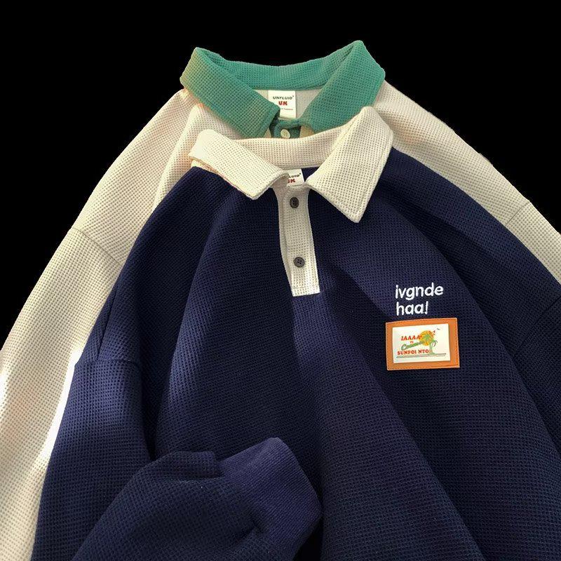 

Мужская толстовка-поло в стиле ретро с вафельным узором — свободный крой, воротник-лацкан, стиль весна/осень L темно-синий