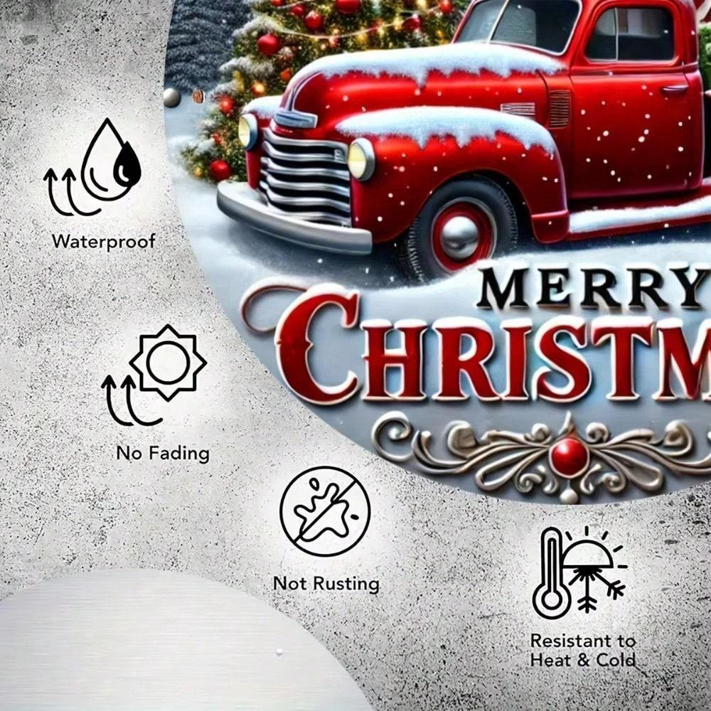 Vintage Red Truck 8 Inch Round Aluminum Metal Sign Merry Christmas Wall Decor Farmhouse Holiday