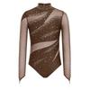Leotardo de patinaje artístico para niñas Cuello alto Manga larga Espalda descubierta Parche de malla Patchwork Brillante Pedrería Bodis