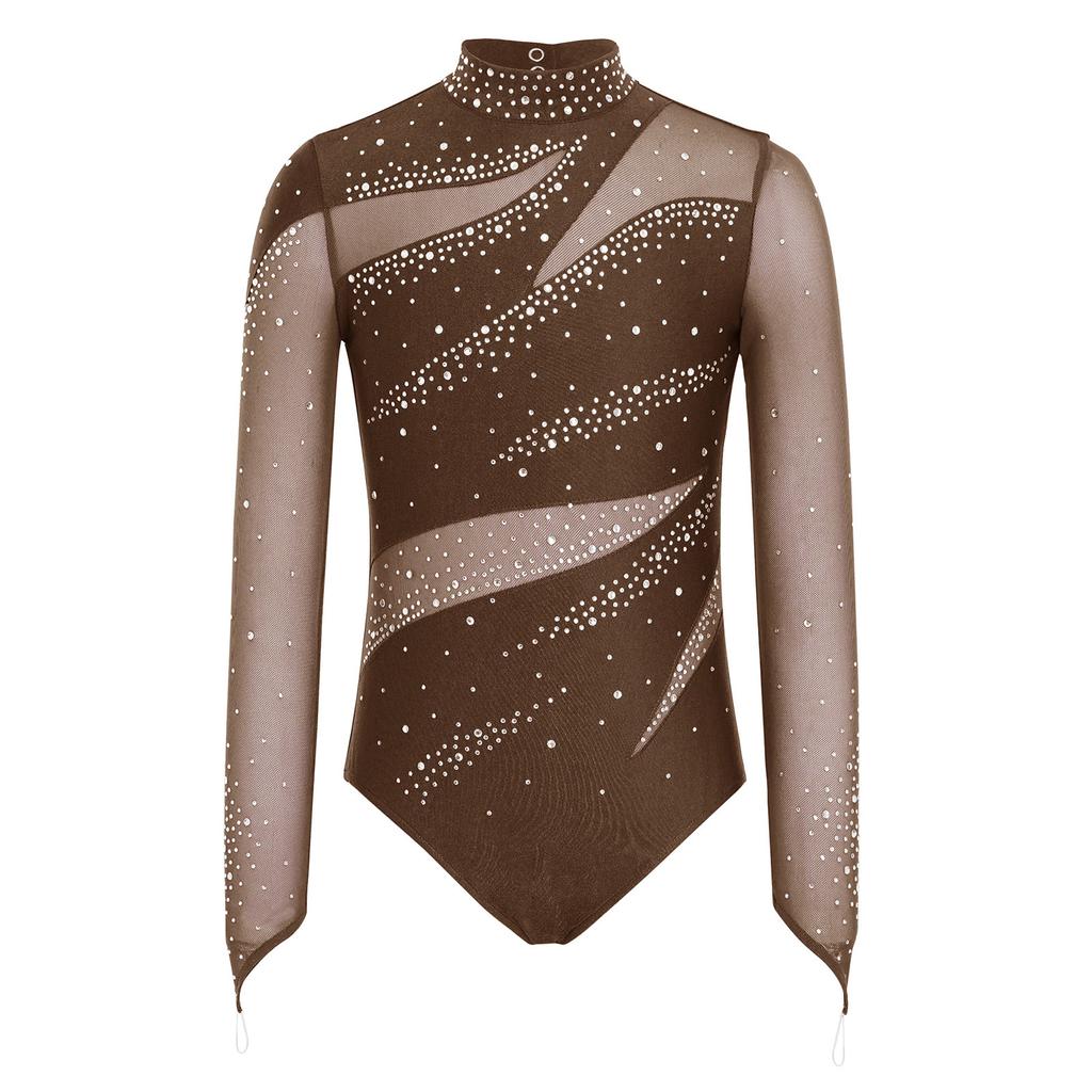 Leotardo de patinaje artístico para niñas Cuello alto Manga larga Espalda descubierta Parche de malla Patchwork Brillante Pedrería Bodis