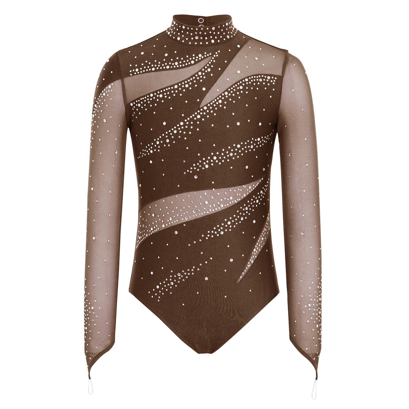 Mädchen Eiskunstlauf Leotard Rollkragen Langarm Cut-out Rücken Netz Patchwork Glitzernde Strasssteine Body 5-6 Years braun