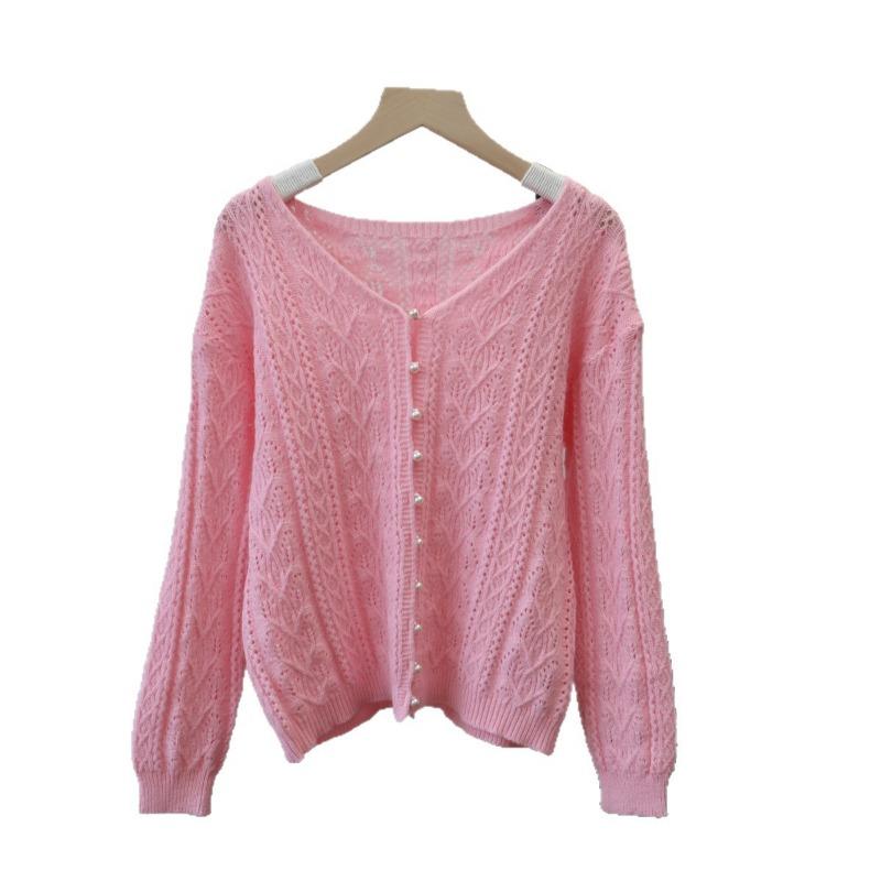 Early autumn new hollow design knitted cardigan thin soft waxy sweet loose sweater jacket women