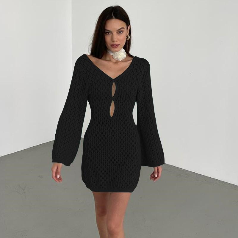 European & American Autumn/Winter Sexy Backless Knitted Long Dress Beach Cover-up
