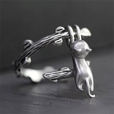 Gotischer Silber-Tierring, Verzweigtes Katzen-Design, Unisex Punk Hip-Hop Stil, Stilvolles offenes Design, Perfekt für Partys, Schmuck, Feiertagsgeschenke