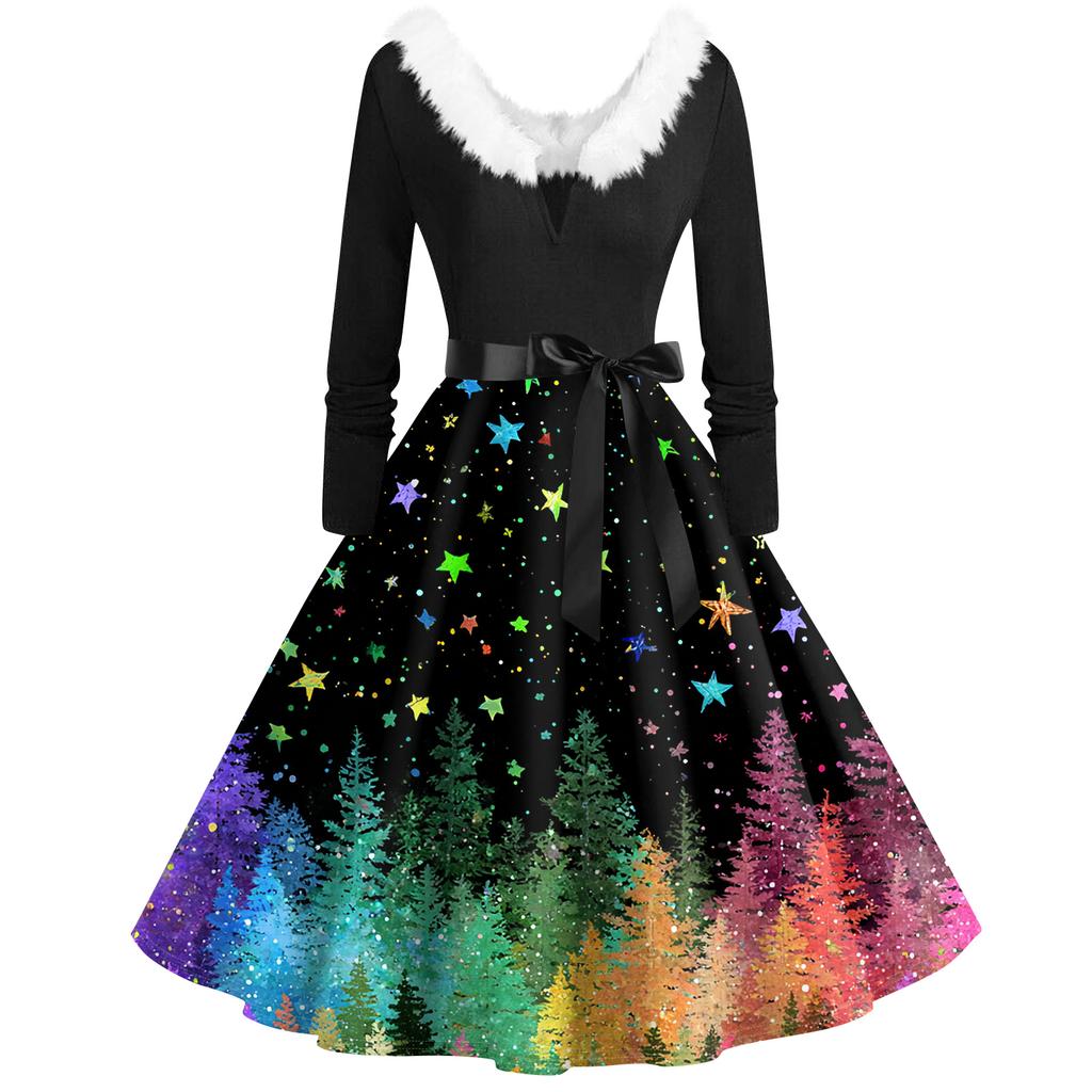 Women's Fashion V-Neck Casual Slim Christmas Printed Long Sleeve Hair Collar Dresses