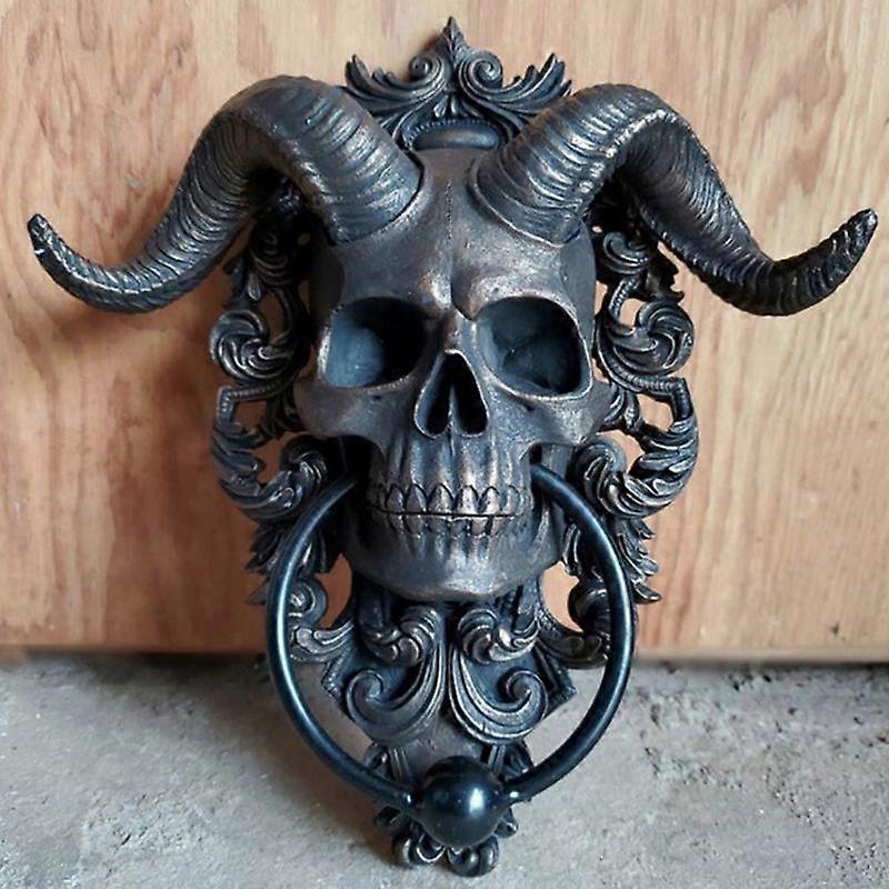 Horned Satanic Devil Lucifer Skeleton Door Knocker Wall Hanging Plaque for Halloween Outdoor Home Decoration