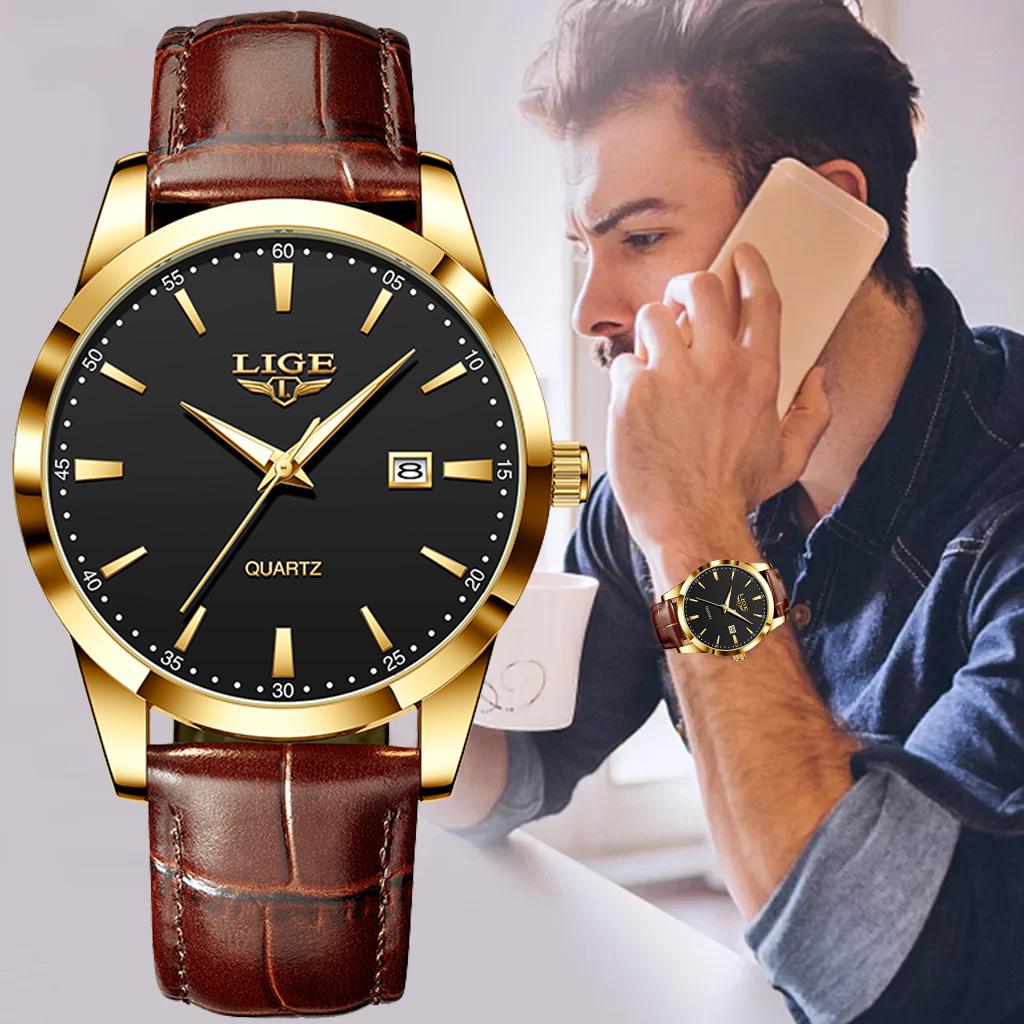 Classic Men's Watch Quartz Leather Strap Waterproof Man Wristwatches Business Casual Watches for Men Relogios Masculino+BOX