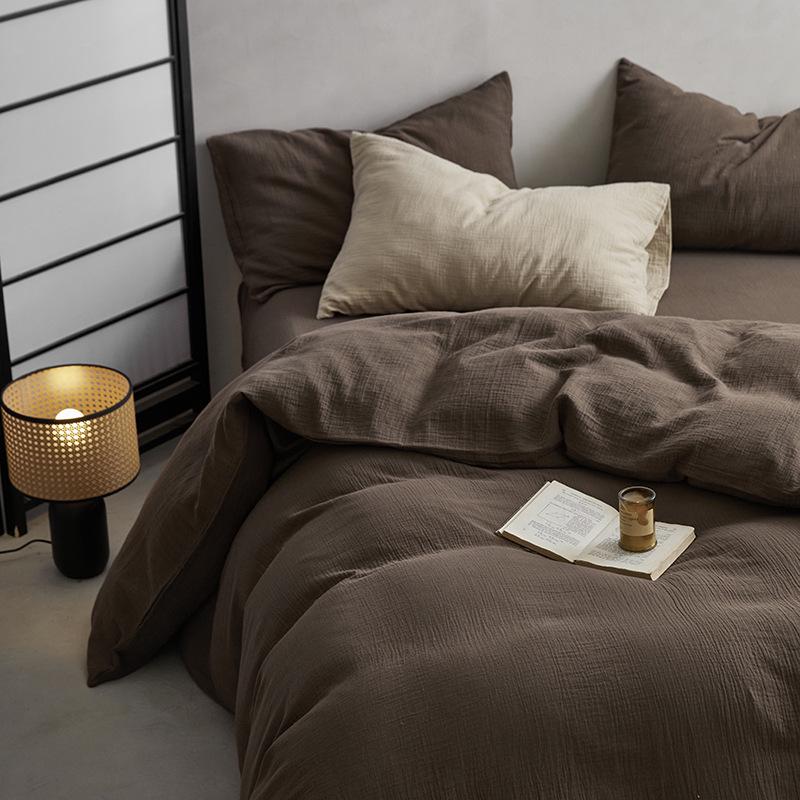 Maillard Colors! Class A Pure Cotton Double-Layer Crinkled Gauze 4-Piece Bedding Set with Duvet Cover and Bed Sheet 1.2m Sheet Set 3 Pieces (Duvet Cover 150x200)