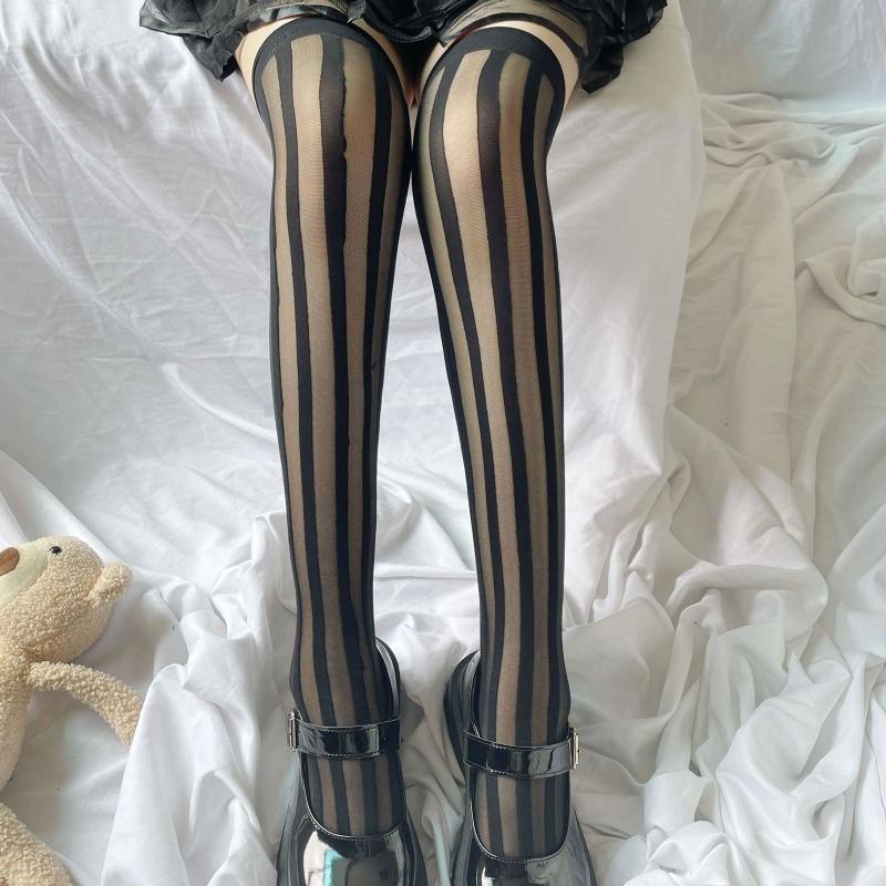 Women Over Knee Thigh High Socks Long Tube Leg Warmers Stocking Dark Vertical Stripe Leggings Sock