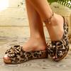 Women'S Fashion Leopard Print Wedge Sandals with Polka Dot Bow Detail - Open Toe, Slip-On, Mid-Heel Platform, Casual Summer Style