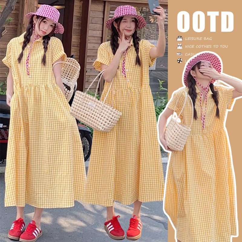 2026 Korean Style Yellow Plaid Loose Slimming Maternity Dress - Trendy, Age-Reducing Summer Wear M