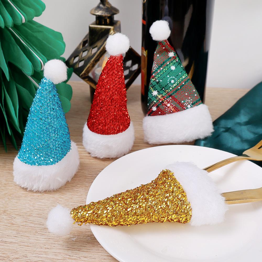 20/1Pcs Mini Santa Hats Fork Knife Cutlery Holders Bag Wine Bottle Cover For Home Xmas Party Table Decoration New Year Kids Gift