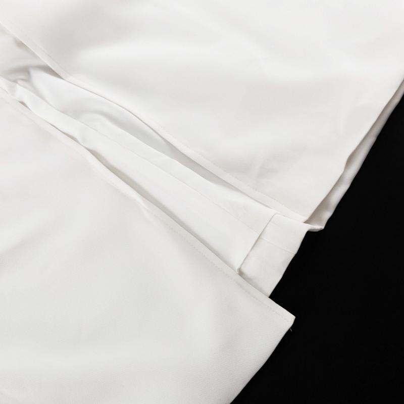 Women's White Stand Collar Deep V Neck Long Sleeve Maxi Dress Button Front High Slit Bodycon Elegant Formal Evening Party Wedding Guest Gown