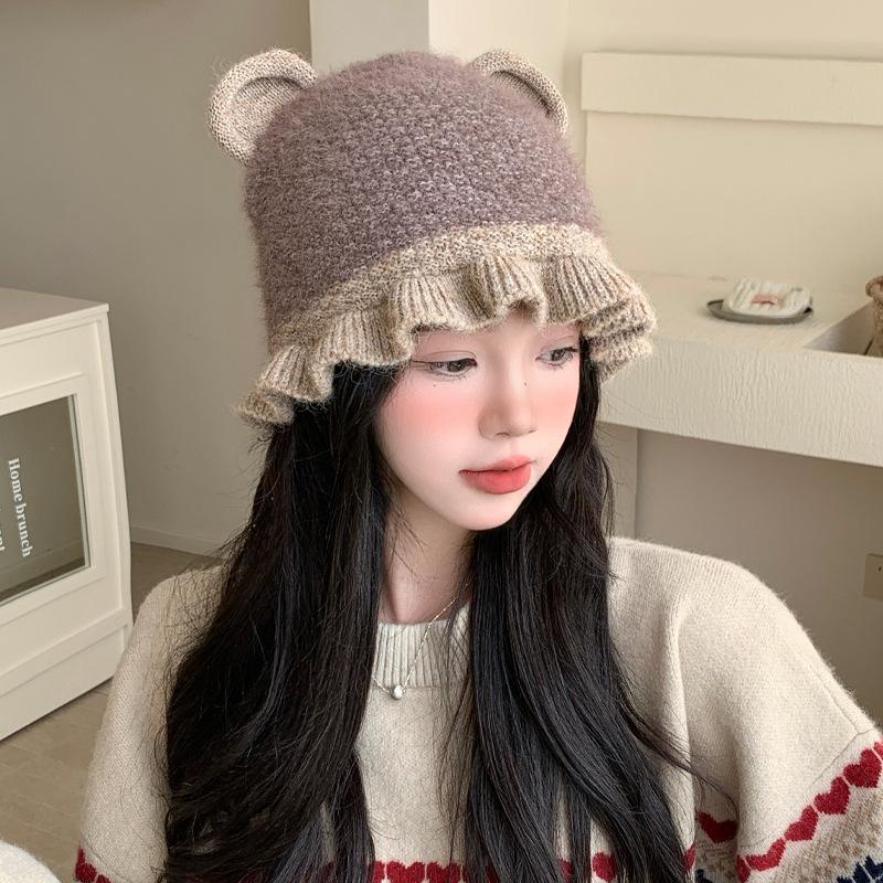 Japanese Sweet and Cute Bear Ear Pullover Hat Autumn and Winter Hat Women's Big Head Knitted Hat Lace Woolen Hat