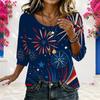 Women Plus Size Round Neck Half Sleeve Loose Fit Printed Blouse Red Blue White Star Print