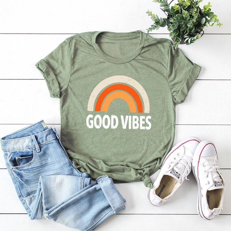 

Літні жіночі футболки з чистої бавовни з принтом веселки GOOD VIBES, вільні, з круглим вирізом, з коротким рукавом 3XL