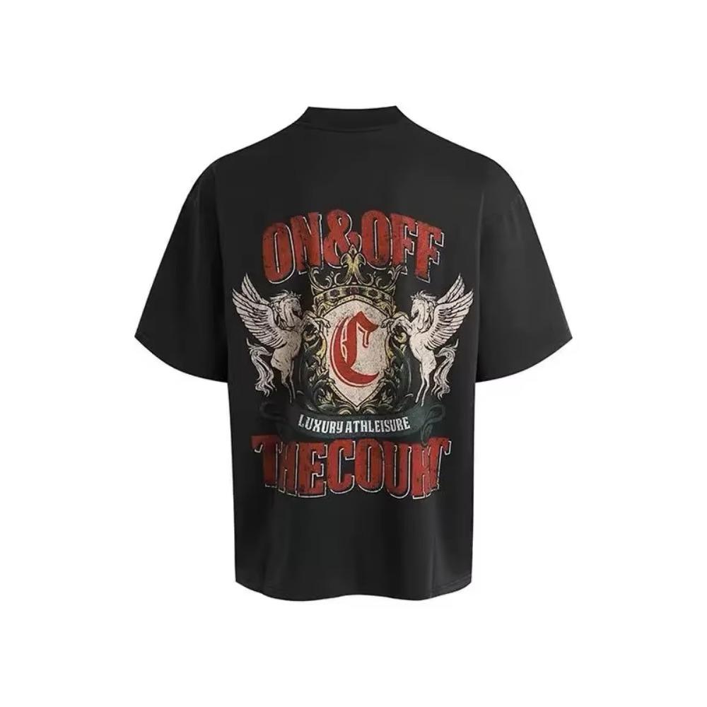 American Street Retro Printing T-shirt Short Sleeve Small Neckline Heavy Men's and Women's Pure Cotton T-shirt