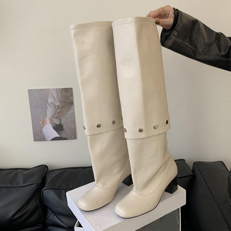 Fashion Liyke New Style Button Combination Splicing Women Knee High Boots Fashion Round Toe Pleated Leather Long Shoes Low Square Heels