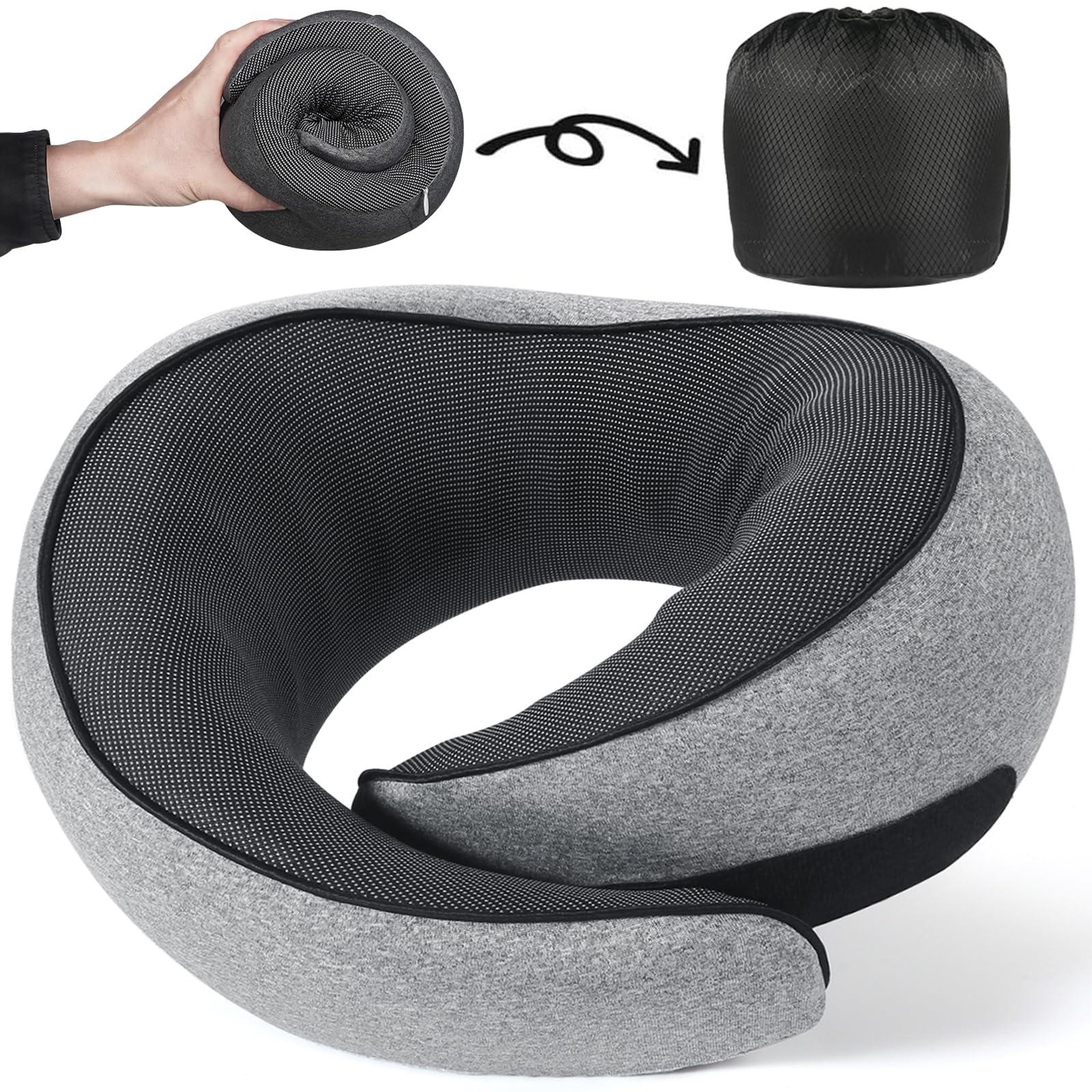 

100% Pure Memory Foam Neck Pillow for Airplanes, Comfortable Breathable Cover, 360° Support Stowable Pillows for Sleeping, Car, серый