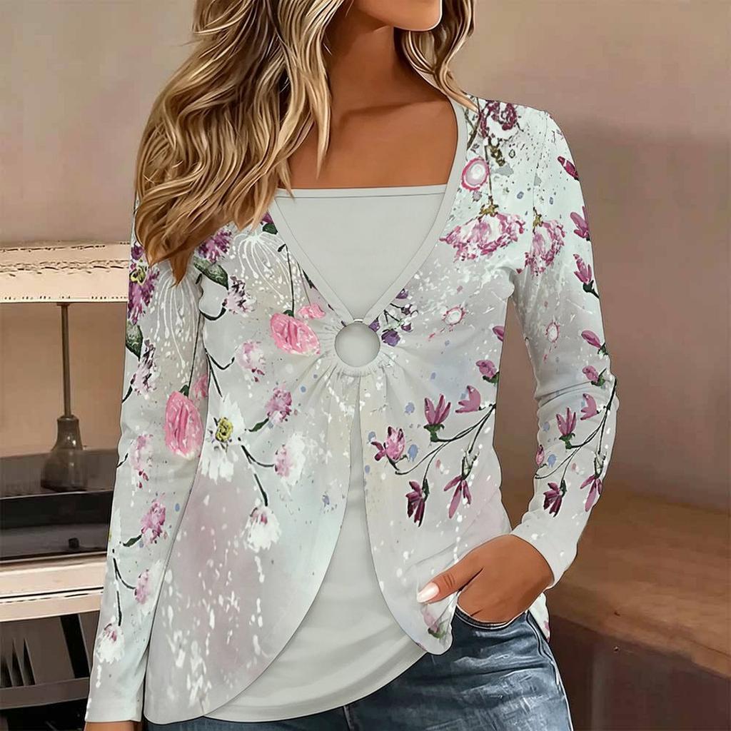 Tops for Women Floral Print Long Sleeve Fake Two‑Piece Top Fall Casual Slim Pullover Women's Long Sleeve Top