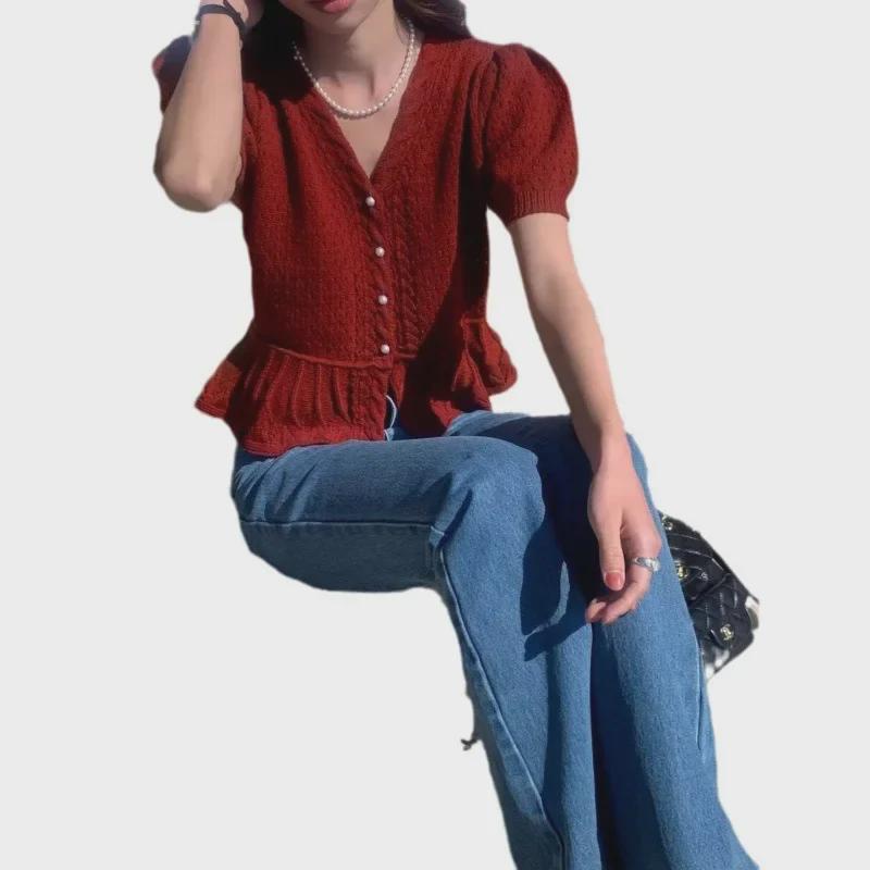 Korean Style Slimming Pearl Button Cutout Bubble Sleeve Knit Top