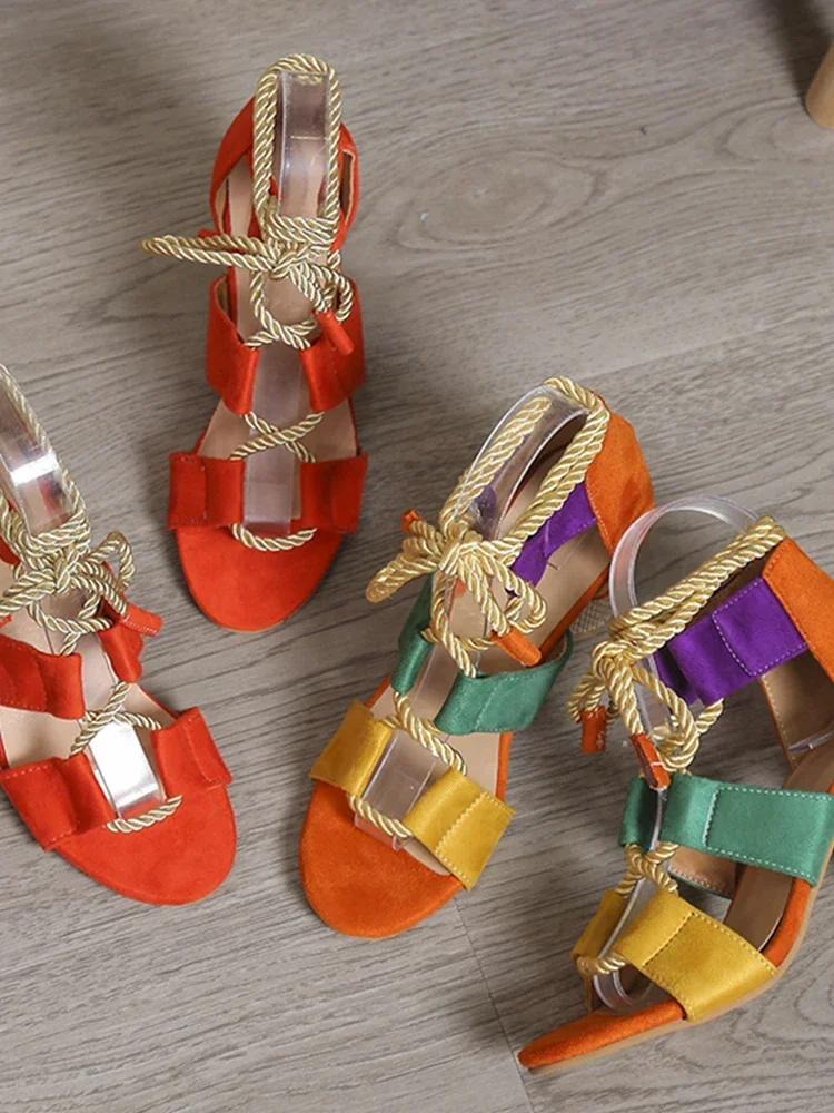 2025 New Trend Summer Chunky Shoes Fashion Women High Heels Sandals Designer Weave Ankle Lace Slides Sexy Open Toe Female Pumps