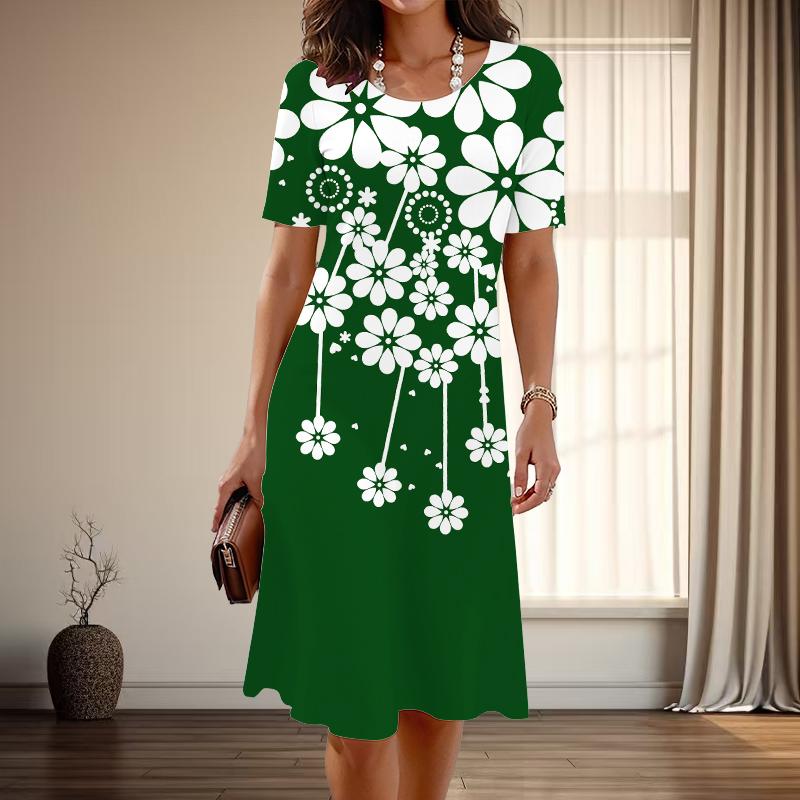 Women's Fashion Graceful Simple Flowers Print Summer Spring Short Sleeve O-Neck Casual Dresses