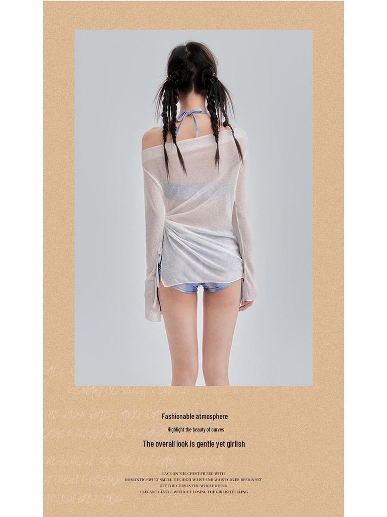 Damski trzyczęściowy zestaw kąpielowy: Bluzka z nadrukiem, Denim, Zakrywająca brzuch dla wyszczuplającego wyglądu, Konserwatywny styl gorących źródeł, Mały biust, Czysta elegancja.