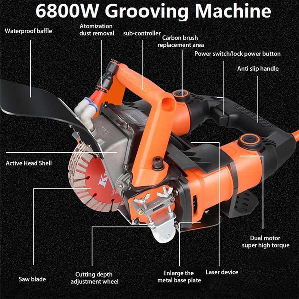 Grooving Machine 6800W Dustless Slotting Cutting Machine for Plumbing Electrical Installation Project Wall Line Groove Concrete