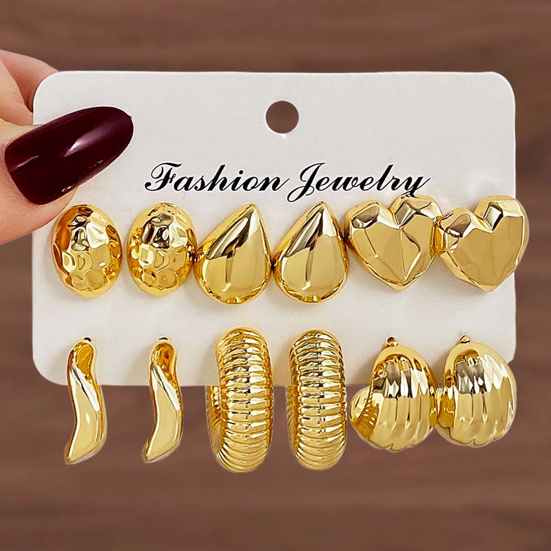 

New Trendy Gold Color C Shape Earrings Set for Women Vintage Heart Geometric Circle Texture Earrings Party Zircon Accessories