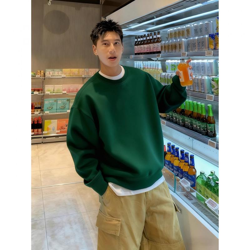 Black Heavyweight Men s Crewneck Sweatshirt with Velvet Lining, Autumn/Winter Standard Fit Dark Green