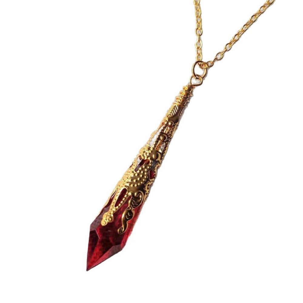 Gothic Retro Gold Color Filigree Red Glass Crystal Cone Pendant Necklace for Women Halloween Party Victorian Witch Magic Jewelry
