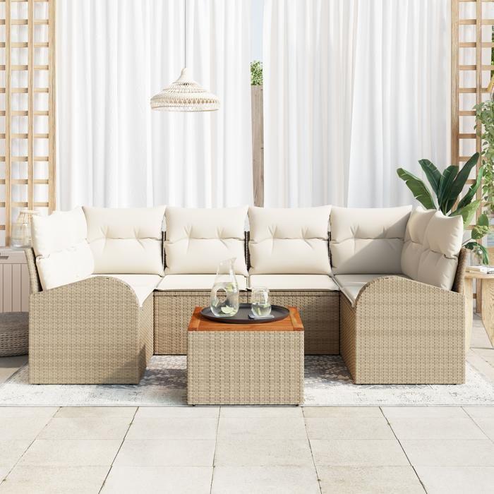 VidaXL 7-piece Garden Sofa Set with Beige Cushions Poly Rattan Acacia 3347533