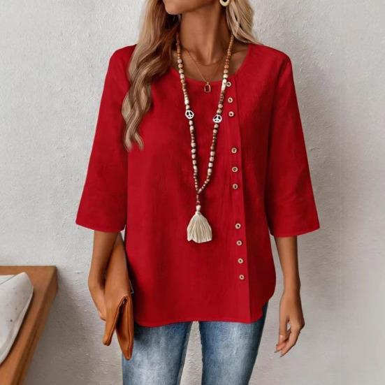 Damen T-Shirt Rundhals Halbarm Lockerer Schnitt Pullover Oberteile Einfarbige Knöpfe Dekoration Sommer Lässige Oberteile Tägliche Kleidung