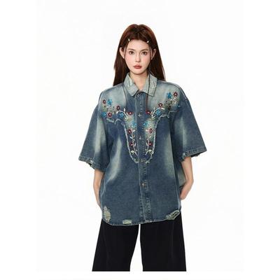 Short Sleeve Oversized Denim Vintage Embroidery Floral Shirts & Blouses for Blouse Casual Loose Summer Tops Women Button Up Shirt