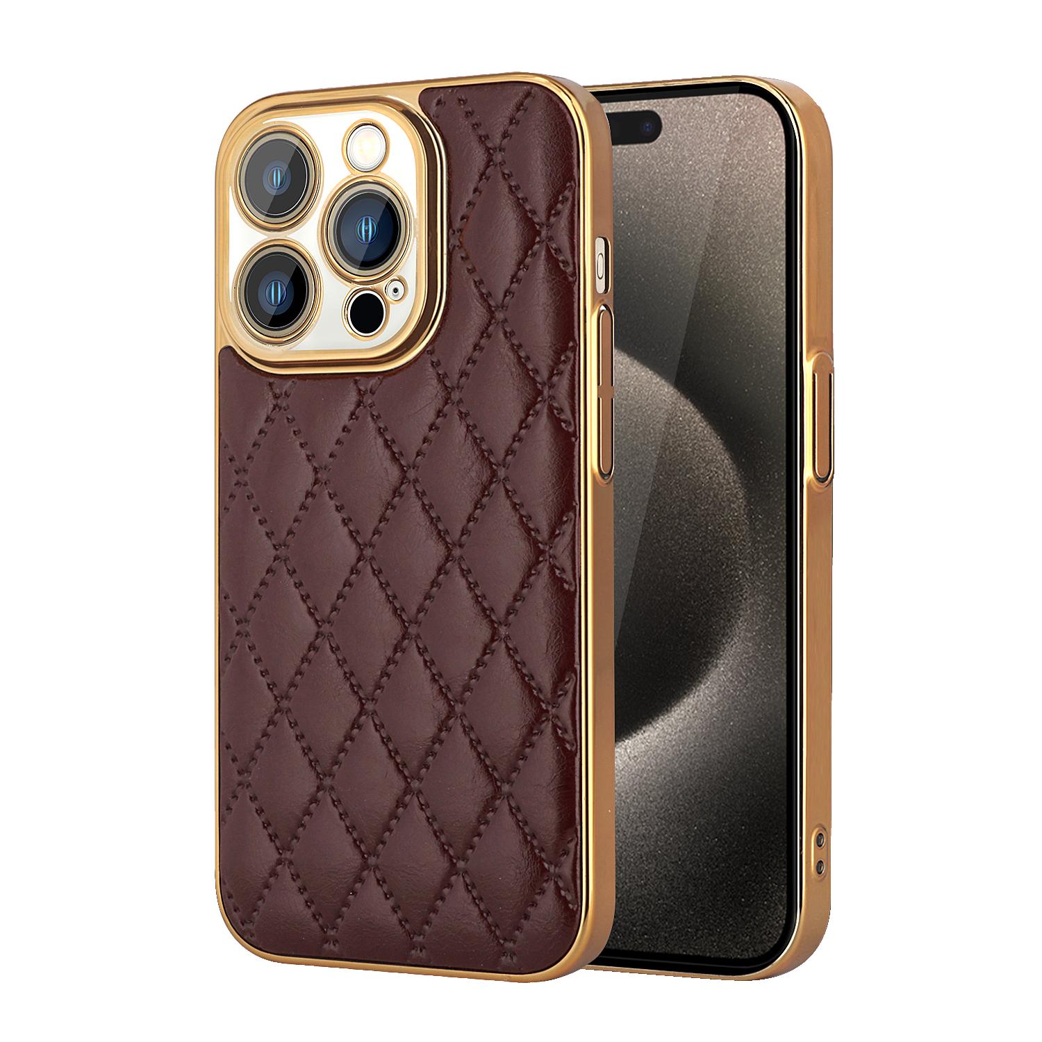 

Роскошные кожаные чехлы с 3D ромбовидным узором для IPhone 15 Pro Max 14 11 12 13, противоударный бампер, жесткий защитный чехол для линз For iPhone 15 коричневый