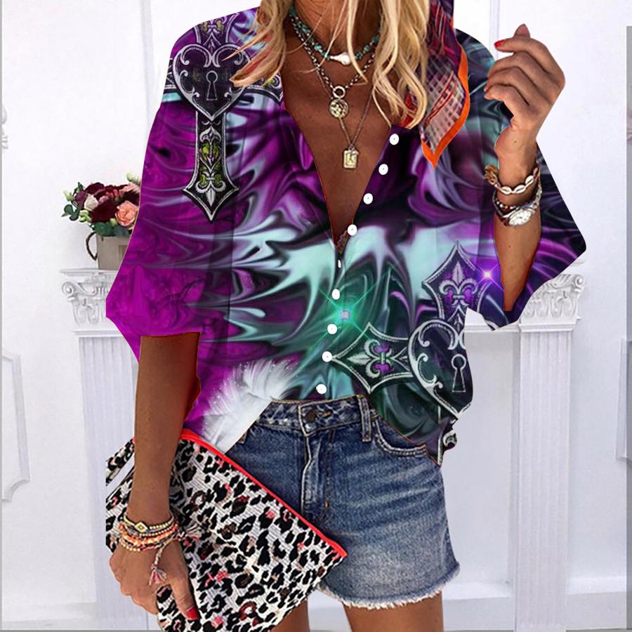 

2023 Лето Осень Новая мода Женские топы Пламенный крест с принтом Полурукав Повседневная рубашка больших размеров на пуговицах больших размеров с пузырчатыми рукавами