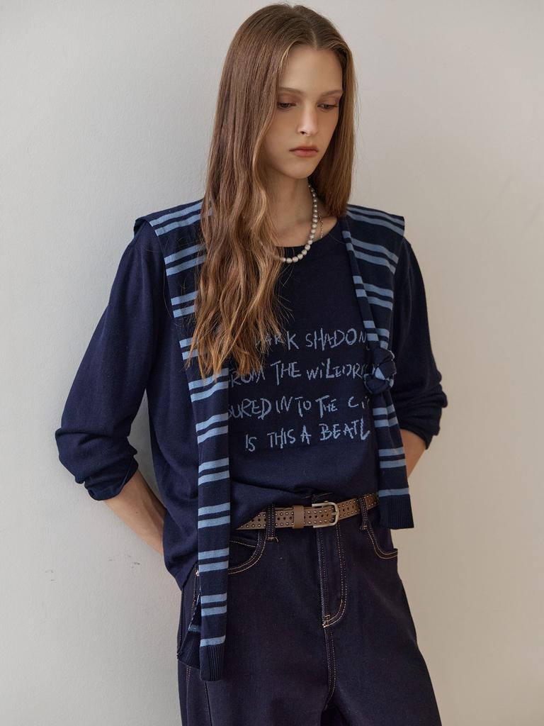 MAXZA Lettering Round Neck Knit & Striped Shawl Set